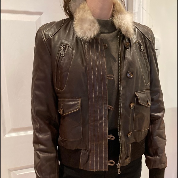 Chocolate Brown Leather Bomber Jacket w Fur Collar - Picture 7 of 10